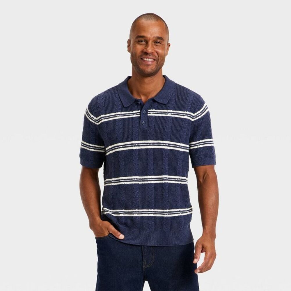 Men's Striped Short Sleeve Cable Sweater - Goodfellow & Co Blue L